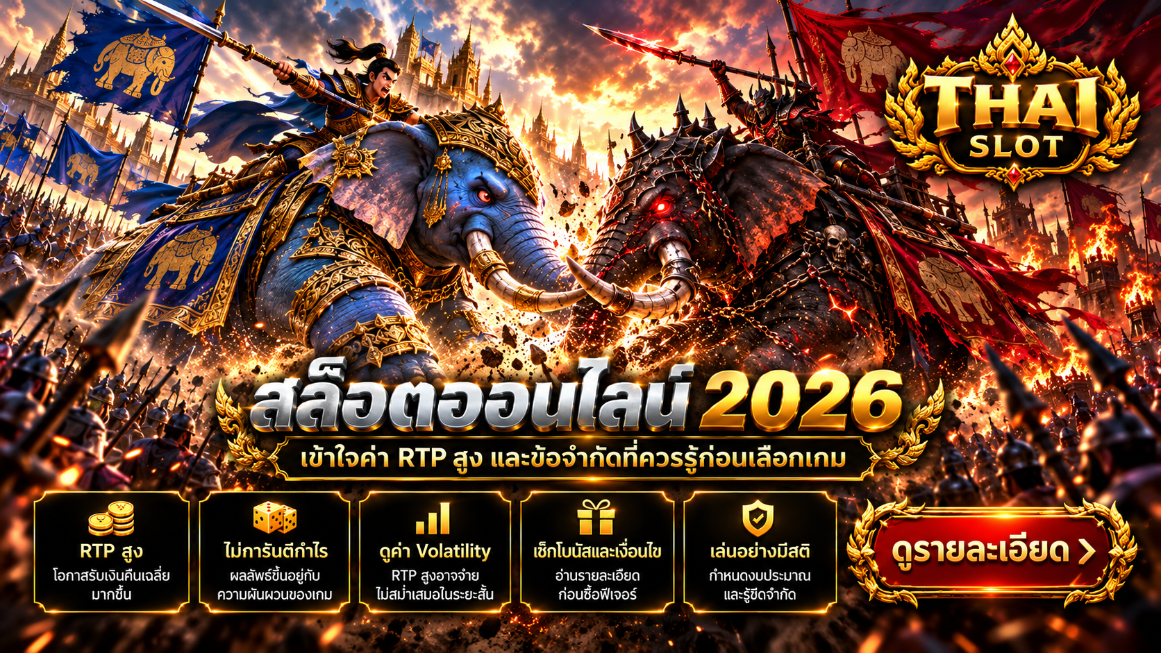 หน้าจอเกมสล็อตสมมติสำหรับอธิบายสัญลักษณ์และกติกา